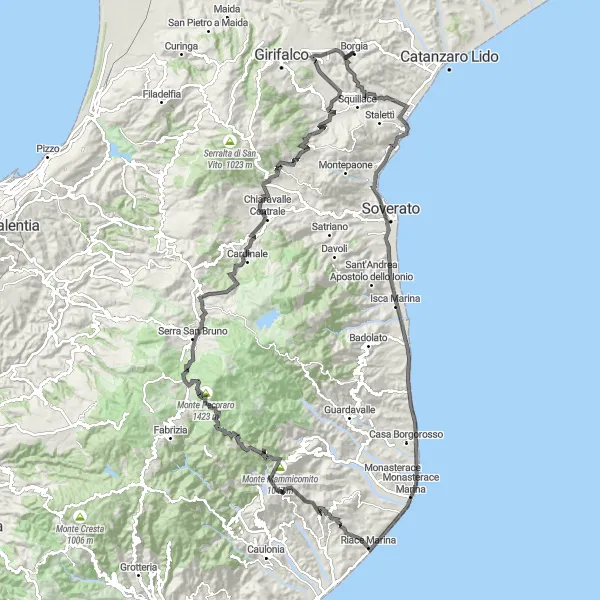 Miniatura della mappa di ispirazione al ciclismo "Cicloturismo da Borgia a Serra San Bruno" nella regione di Calabria, Italy. Generata da Tarmacs.app, pianificatore di rotte ciclistiche