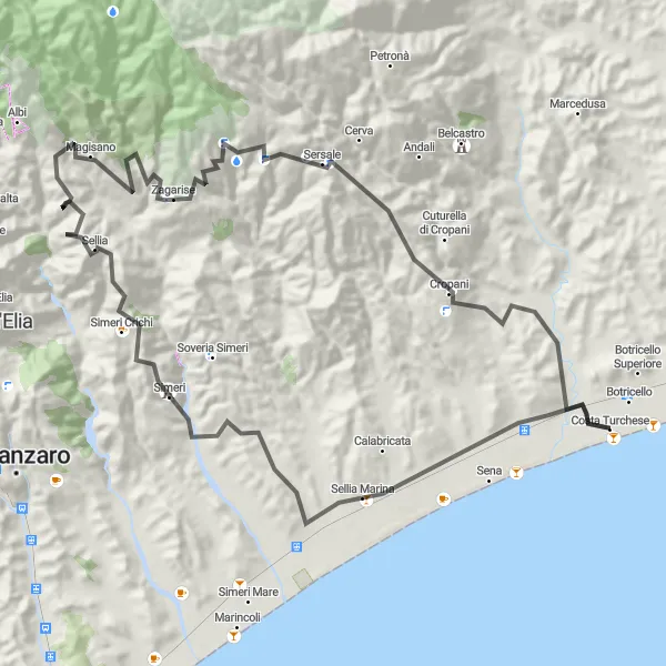 Miniatura della mappa di ispirazione al ciclismo "Giro in bicicletta da Botricello a Cropani" nella regione di Calabria, Italy. Generata da Tarmacs.app, pianificatore di rotte ciclistiche