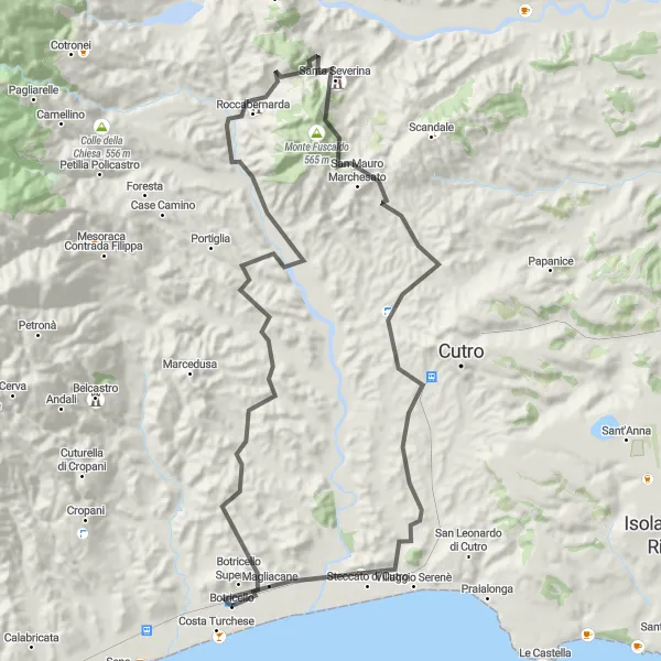 Miniatura della mappa di ispirazione al ciclismo "Giro in bicicletta circolare Botricello - Roccabernarda - Monte Fuscaldo - Steccato di Cutro" nella regione di Calabria, Italy. Generata da Tarmacs.app, pianificatore di rotte ciclistiche