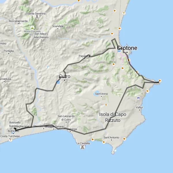 Miniatura della mappa di ispirazione al ciclismo "Giro in bicicletta da Botricello a Isola di Capo Rizzuto e Cropani" nella regione di Calabria, Italy. Generata da Tarmacs.app, pianificatore di rotte ciclistiche