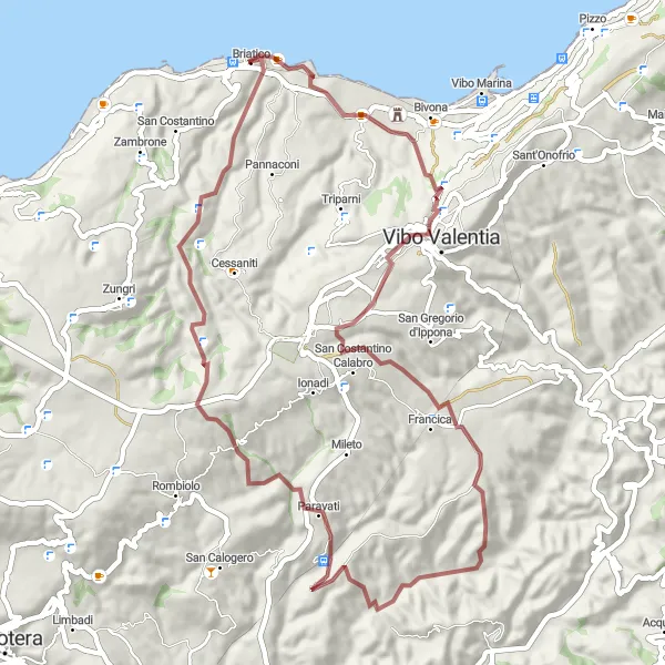 Miniatura della mappa di ispirazione al ciclismo "Giro in gravel tra Briatico e Vibo Valentia" nella regione di Calabria, Italy. Generata da Tarmacs.app, pianificatore di rotte ciclistiche