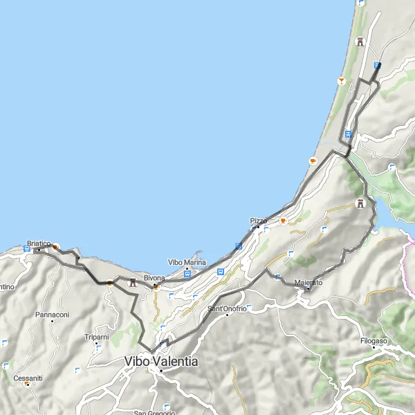 Miniatura della mappa di ispirazione al ciclismo "Tour culturale e naturalistico di Calabria" nella regione di Calabria, Italy. Generata da Tarmacs.app, pianificatore di rotte ciclistiche