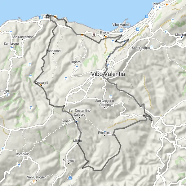 Map miniature of "Road Cycling Tour of Briatico" cycling inspiration in Calabria, Italy. Generated by Tarmacs.app cycling route planner