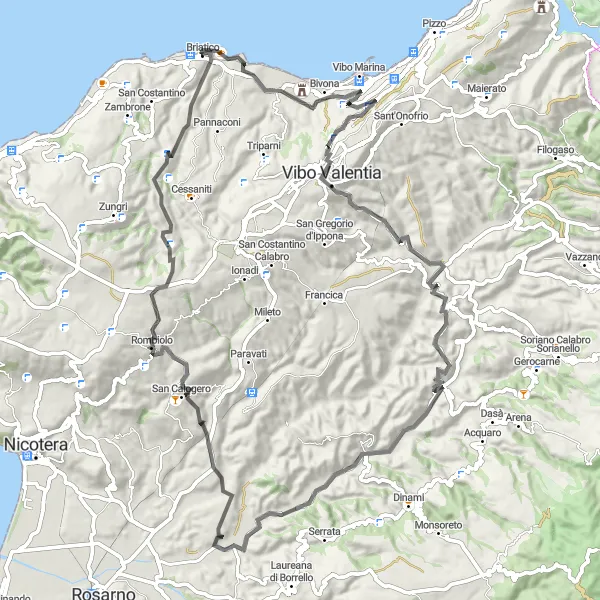 Miniatura della mappa di ispirazione al ciclismo "Avventura ciclistica tra Briatico e Bivona" nella regione di Calabria, Italy. Generata da Tarmacs.app, pianificatore di rotte ciclistiche