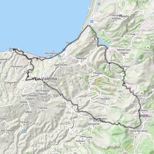 Map miniature of "Cycling through Calabrian Countryside" cycling inspiration in Calabria, Italy. Generated by Tarmacs.app cycling route planner