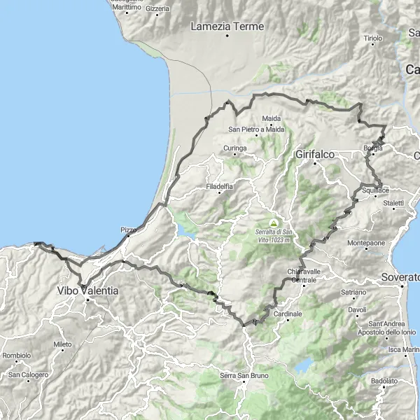 Miniatura della mappa di ispirazione al ciclismo "Alla scoperta dei tesori di Calabria" nella regione di Calabria, Italy. Generata da Tarmacs.app, pianificatore di rotte ciclistiche