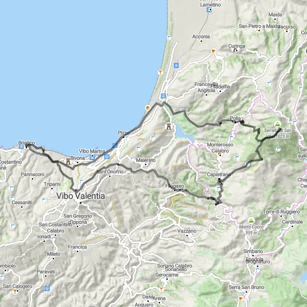 Miniatura della mappa di ispirazione al ciclismo "Giro panoramico di Briatico e dintorni" nella regione di Calabria, Italy. Generata da Tarmacs.app, pianificatore di rotte ciclistiche