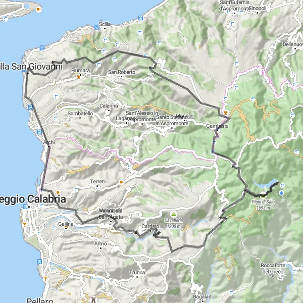 Miniatura della mappa di ispirazione al ciclismo "Avventura montuosa di 100 km da Campo Calabro" nella regione di Calabria, Italy. Generata da Tarmacs.app, pianificatore di rotte ciclistiche