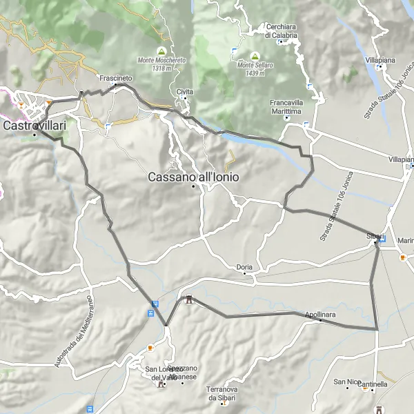 Miniatura della mappa di ispirazione al ciclismo "Tour in bici alla scoperta di Castrovillari" nella regione di Calabria, Italy. Generata da Tarmacs.app, pianificatore di rotte ciclistiche