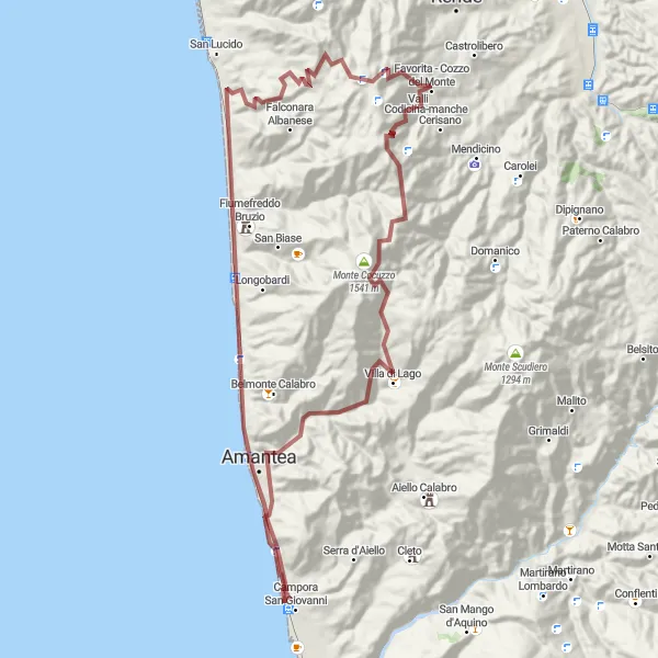 Map miniature of "Gravel Adventure: Coastal Cliffs and Castle" cycling inspiration in Calabria, Italy. Generated by Tarmacs.app cycling route planner