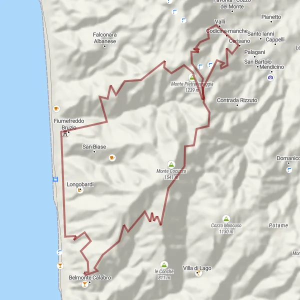 Map miniature of "Gravel Ride: Mountain Views and Historic Sites" cycling inspiration in Calabria, Italy. Generated by Tarmacs.app cycling route planner