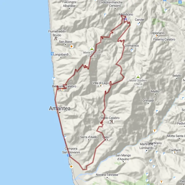 Map miniature of "Belmonte Calabro Gravel Adventure" cycling inspiration in Calabria, Italy. Generated by Tarmacs.app cycling route planner