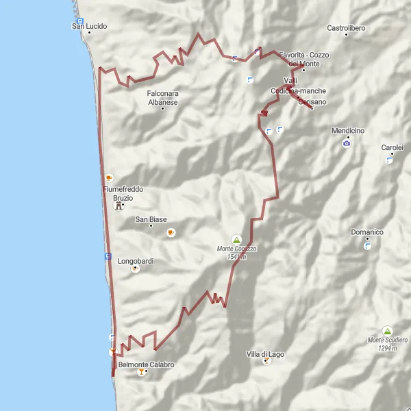 Map miniature of "Gravel Route from Cerisano to Belmonte Calabro" cycling inspiration in Calabria, Italy. Generated by Tarmacs.app cycling route planner