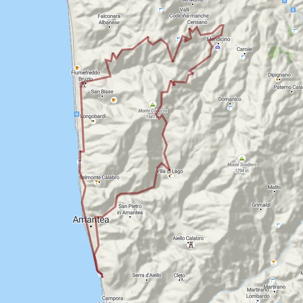 Map miniature of "Gravel Route from Cerisano to Coreca" cycling inspiration in Calabria, Italy. Generated by Tarmacs.app cycling route planner