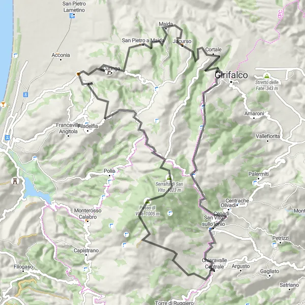 Map miniature of "Chiaravalle Centrale - Serralta di San Vito - Curinga - Jacurso - Girifalco" cycling inspiration in Calabria, Italy. Generated by Tarmacs.app cycling route planner