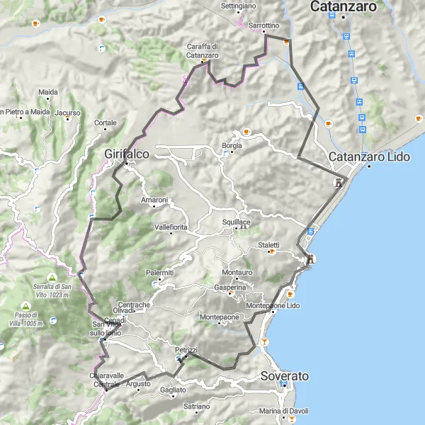 Map miniature of "Chiaravalle Centrale - Monte Andrea - Caraffa di Catanzaro - Parco Archeologico di Scolacium - Petrizzi" cycling inspiration in Calabria, Italy. Generated by Tarmacs.app cycling route planner