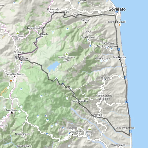 Map miniature of "Chiaravalle Centrale - Isca Marina - Guardavalle - Elce della Vecchia - Monte San Nicola - Cardinale" cycling inspiration in Calabria, Italy. Generated by Tarmacs.app cycling route planner