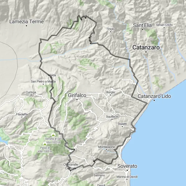 Miniatura della mappa di ispirazione al ciclismo "Giro in bicicletta da Chiaravalle Centrale a Petrizzi" nella regione di Calabria, Italy. Generata da Tarmacs.app, pianificatore di rotte ciclistiche