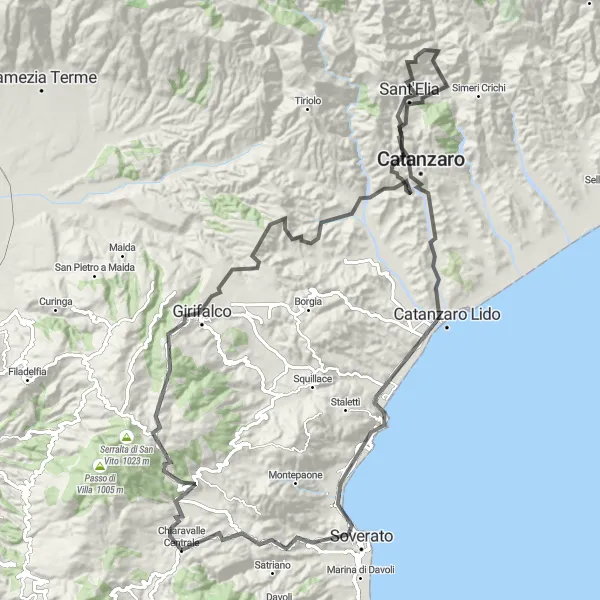 Miniatura della mappa di ispirazione al ciclismo "Tour ciclistico da Chiaravalle Centrale a Copanello" nella regione di Calabria, Italy. Generata da Tarmacs.app, pianificatore di rotte ciclistiche