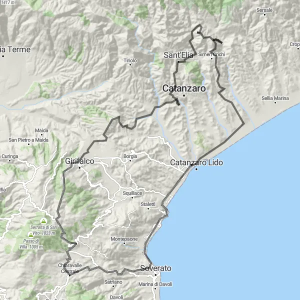 Miniatura della mappa di ispirazione al ciclismo "Avventuroso percorso in bicicletta da Chiaravalle Centrale a Monte Andrea, Bellavista e Catanzaro Lido" nella regione di Calabria, Italy. Generata da Tarmacs.app, pianificatore di rotte ciclistiche