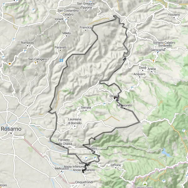 Miniatura della mappa di ispirazione al ciclismo "Cinque Frondi - Maropati - Melicuccà - Galatro" nella regione di Calabria, Italy. Generata da Tarmacs.app, pianificatore di rotte ciclistiche