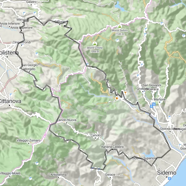 Miniatura della mappa di ispirazione al ciclismo "Giro panoramico attraverso Monte Limina e Gioiosa Ionica" nella regione di Calabria, Italy. Generata da Tarmacs.app, pianificatore di rotte ciclistiche