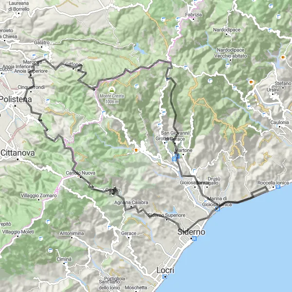 Miniatura della mappa di ispirazione al ciclismo "Giro in bici stradale intorno a Cinque Frondi" nella regione di Calabria, Italy. Generata da Tarmacs.app, pianificatore di rotte ciclistiche