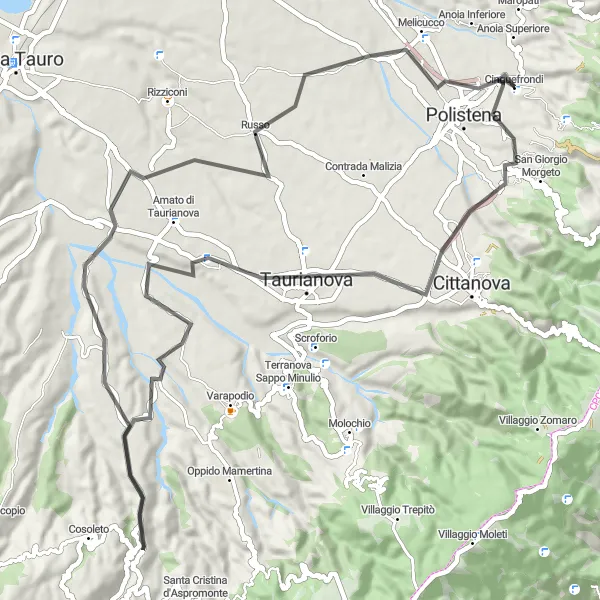 Miniatura della mappa di ispirazione al ciclismo "Giro ciclistico su strada nei dintorni di Cinque Frondi" nella regione di Calabria, Italy. Generata da Tarmacs.app, pianificatore di rotte ciclistiche