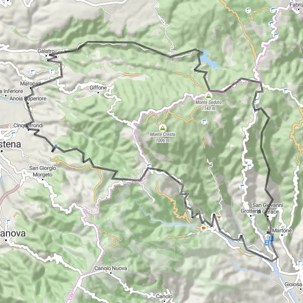 Miniatura della mappa di ispirazione al ciclismo "Esperienza ciclistica a Monte Limina e Monte Seduto" nella regione di Calabria, Italy. Generata da Tarmacs.app, pianificatore di rotte ciclistiche