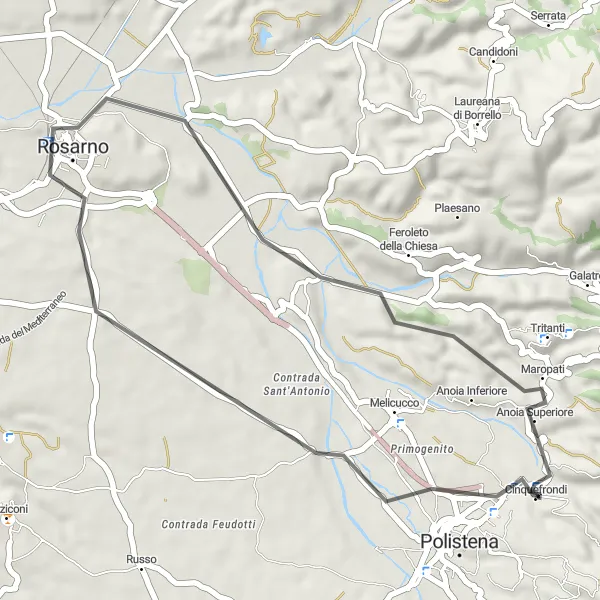 Miniatura della mappa di ispirazione al ciclismo "Percorso ciclabile su strada partendo da Cinque Frondi" nella regione di Calabria, Italy. Generata da Tarmacs.app, pianificatore di rotte ciclistiche