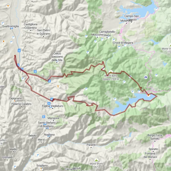 Miniatura della mappa di ispirazione al ciclismo "Tra Monti e Boschi" nella regione di Calabria, Italy. Generata da Tarmacs.app, pianificatore di rotte ciclistiche