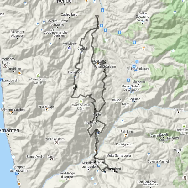 Miniatura della mappa di ispirazione al ciclismo "Tour delle Valli" nella regione di Calabria, Italy. Generata da Tarmacs.app, pianificatore di rotte ciclistiche