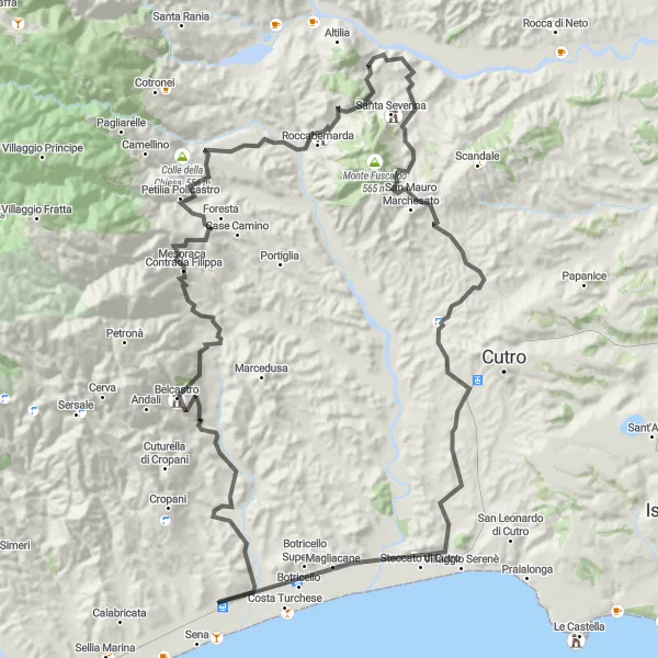 Miniatura della mappa di ispirazione al ciclismo "Tour tra natura e storia a Belcastro" nella regione di Calabria, Italy. Generata da Tarmacs.app, pianificatore di rotte ciclistiche