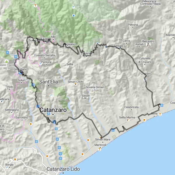 Miniatura della mappa di ispirazione al ciclismo "Giro storico-naturalistico da Cropani Marina" nella regione di Calabria, Italy. Generata da Tarmacs.app, pianificatore di rotte ciclistiche