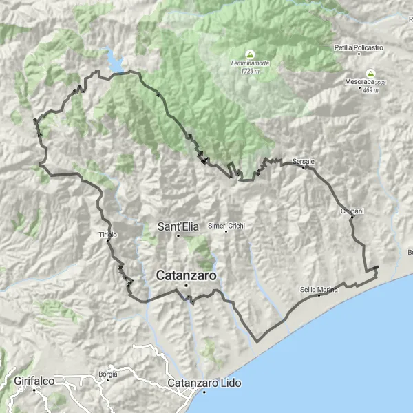 Miniatura della mappa di ispirazione al ciclismo "Avventura tra Montagne e Villaggi" nella regione di Calabria, Italy. Generata da Tarmacs.app, pianificatore di rotte ciclistiche