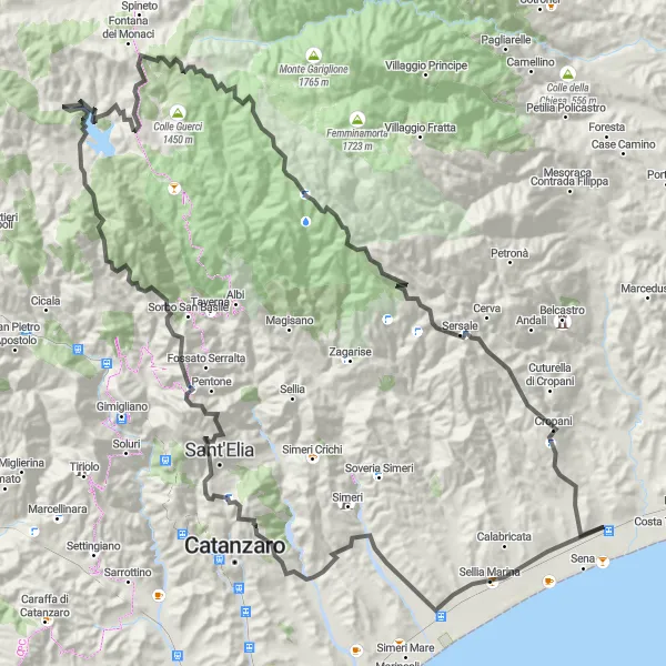 Miniatura della mappa di ispirazione al ciclismo "Tour delle Colline Calabresi" nella regione di Calabria, Italy. Generata da Tarmacs.app, pianificatore di rotte ciclistiche