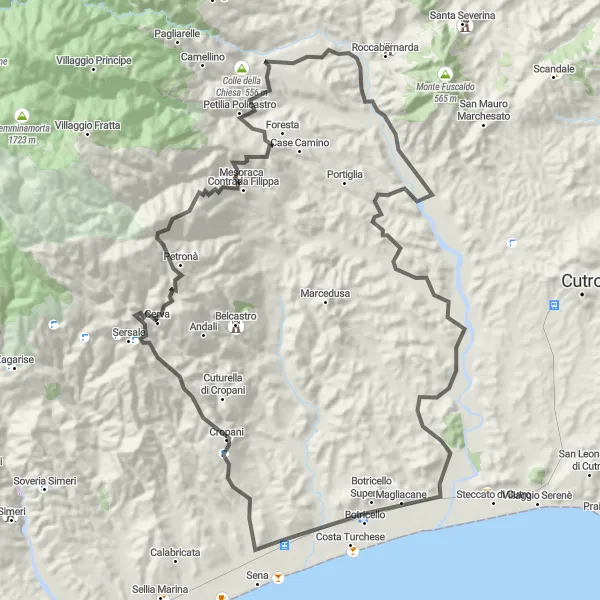 Miniatura della mappa di ispirazione al ciclismo "Scoperta della Costa Ionica" nella regione di Calabria, Italy. Generata da Tarmacs.app, pianificatore di rotte ciclistiche