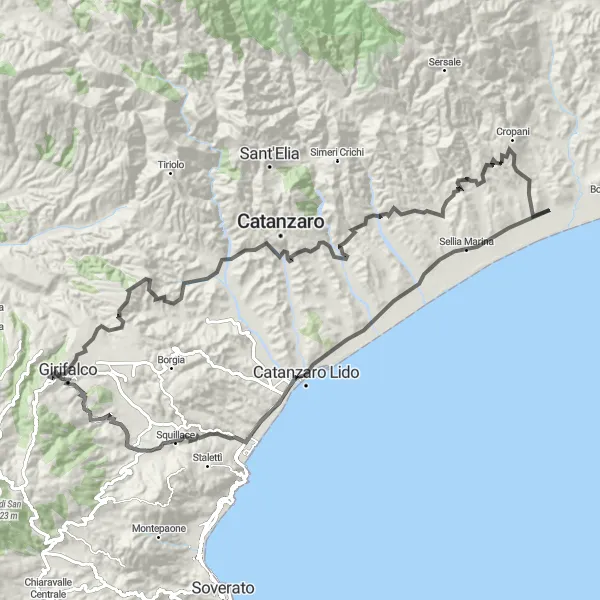 Miniatura della mappa di ispirazione al ciclismo "Giro panoramico da Cropani Marina" nella regione di Calabria, Italy. Generata da Tarmacs.app, pianificatore di rotte ciclistiche