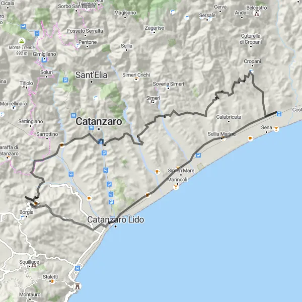 Map miniature of "Catanzaro Lido and Cropani Loop" cycling inspiration in Calabria, Italy. Generated by Tarmacs.app cycling route planner