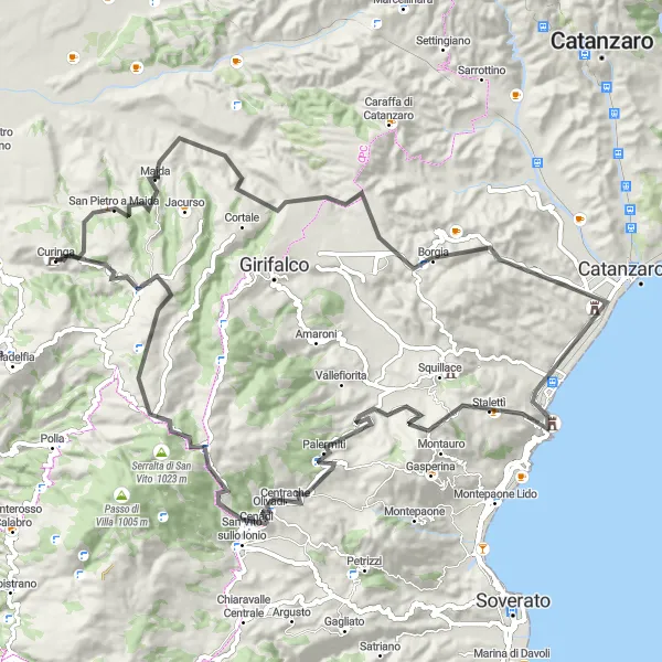 Map miniature of "Historical Route" cycling inspiration in Calabria, Italy. Generated by Tarmacs.app cycling route planner