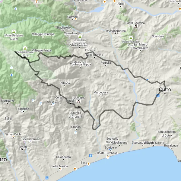 Map miniature of "Mountain Challenge" cycling inspiration in Calabria, Italy. Generated by Tarmacs.app cycling route planner