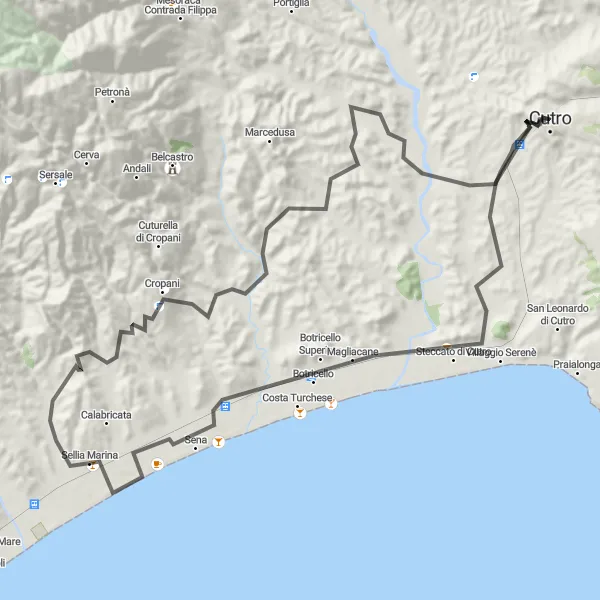 Map miniature of "Steccato di Cutro Loop" cycling inspiration in Calabria, Italy. Generated by Tarmacs.app cycling route planner