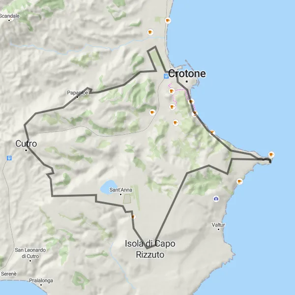Map miniature of "The Coastal Loop" cycling inspiration in Calabria, Italy. Generated by Tarmacs.app cycling route planner