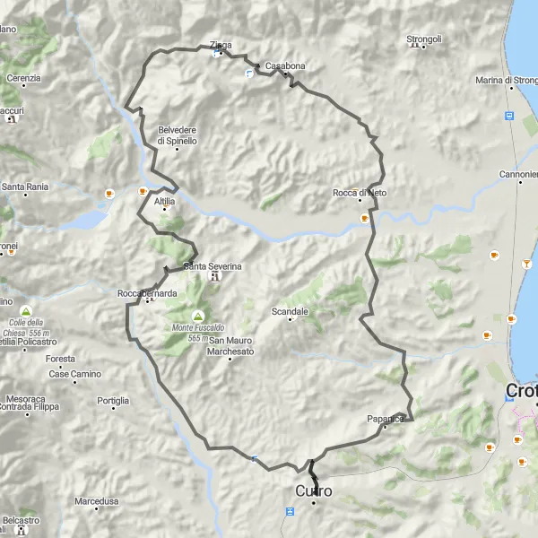 Map miniature of "The Hillside Explorer" cycling inspiration in Calabria, Italy. Generated by Tarmacs.app cycling route planner
