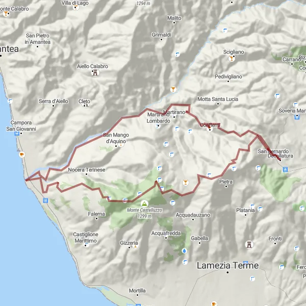 Map miniature of "Discover the Gravel Roads of Decollatura" cycling inspiration in Calabria, Italy. Generated by Tarmacs.app cycling route planner