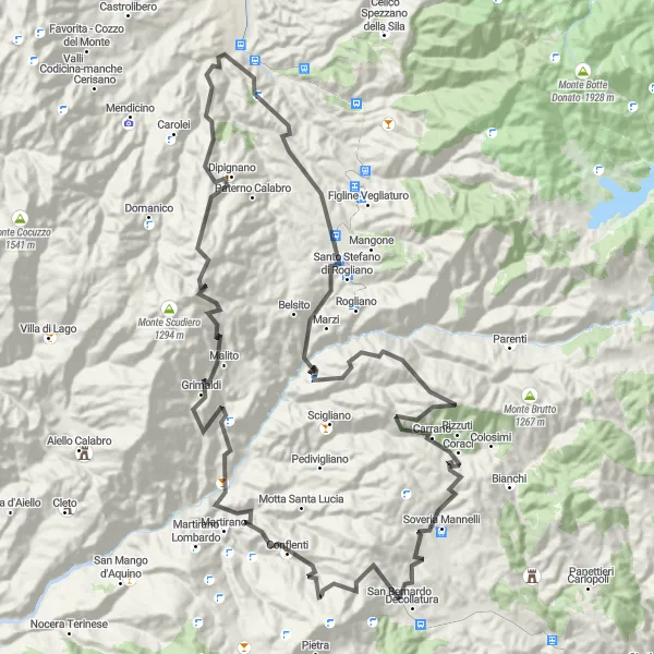 Map miniature of "Decollatura - Conflenti - Monte Serratore - Belsito - Celsita - Soveria Mannelli" cycling inspiration in Calabria, Italy. Generated by Tarmacs.app cycling route planner