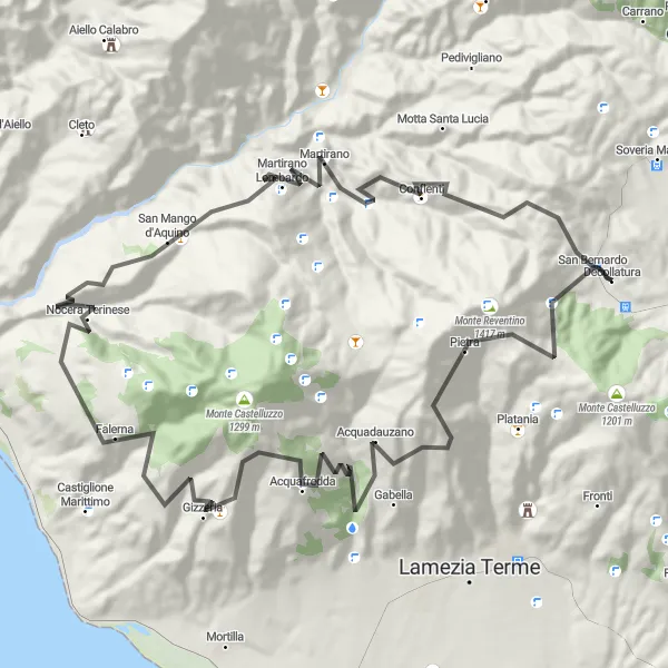 Map miniature of "Decollatura - Passo d'Acquavona - Monte Mitoio - Gizzeria - Falerna - Vista sulla Valle del Savuto - Martirano" cycling inspiration in Calabria, Italy. Generated by Tarmacs.app cycling route planner