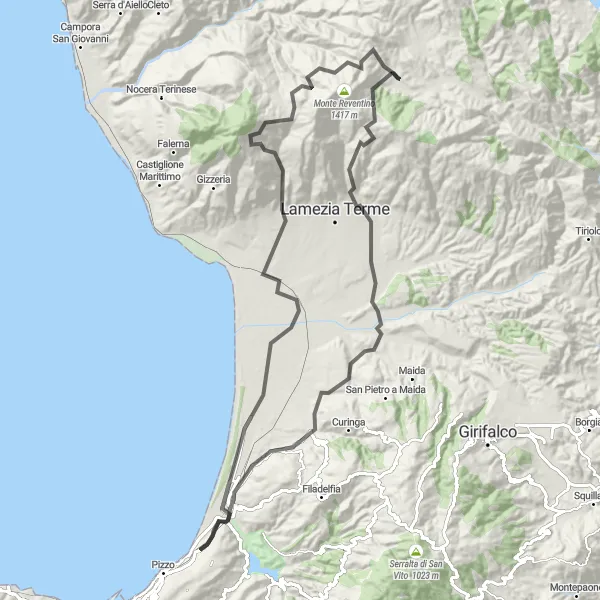 Map miniature of "Decollatura - Passo d'Acquavona - Castello Normanno - Forte di Mezza Praia - Sant'Eufemia Lamezia - Monte Muzzari - Serra d'Acino" cycling inspiration in Calabria, Italy. Generated by Tarmacs.app cycling route planner