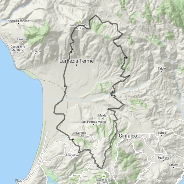 Map miniature of "Decollatura - Monte Condrò - Cancello - Cortale - Serra del Gelo - Montesoro - Monte S. Maria" cycling inspiration in Calabria, Italy. Generated by Tarmacs.app cycling route planner