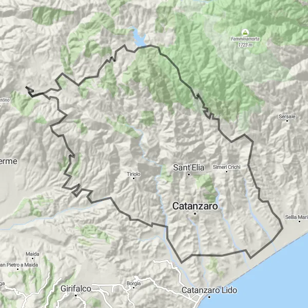 Miniatura della mappa di ispirazione al ciclismo "Giro in bicicletta da Carlopoli a Monte Condrò" nella regione di Calabria, Italy. Generata da Tarmacs.app, pianificatore di rotte ciclistiche
